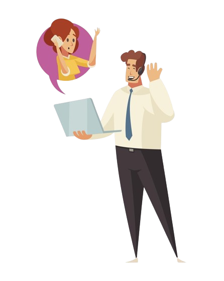 Animated image Without Background of a man with a laptop and a woman in a popup with her phone, representing customer service in the contact us form