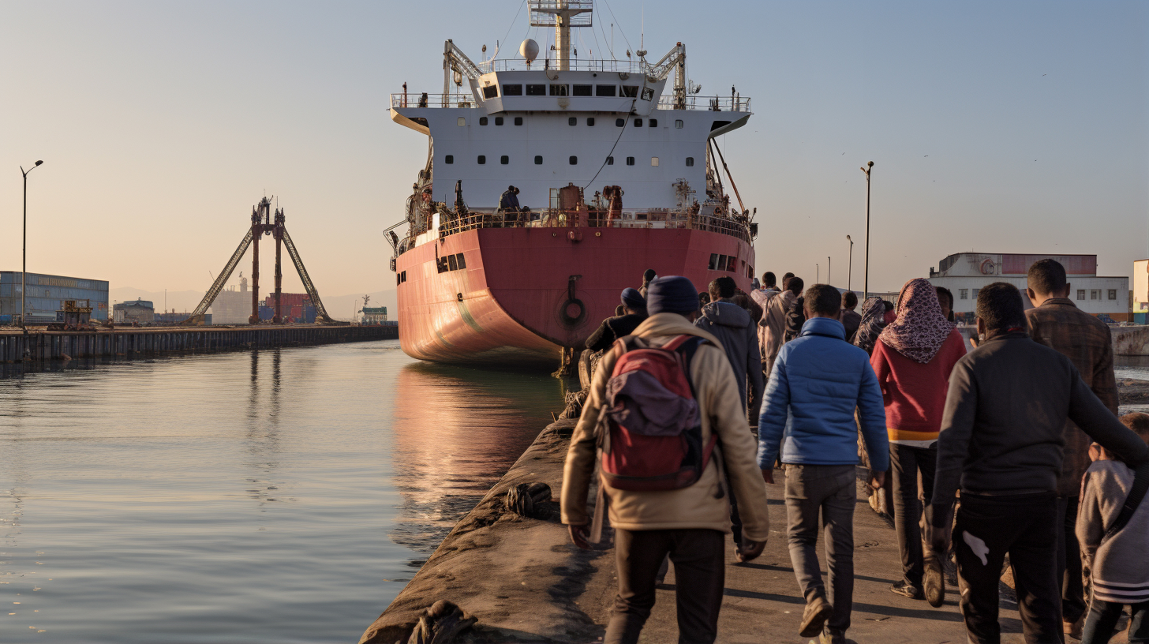 Participants walking towards the vessel during maritime training